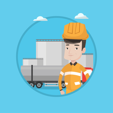Caucasian worker of oil and gas industry. Confident refinery worker standing on background of fuel truck and oil refinery plant. Vector flat design illustration in the circle isolated on background.のイラスト素材