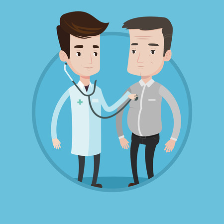 Doctor listening to chest of patient with stethoscope. Patient visiting doctor for chest examination. Doctor examining chest of man. Vector flat design illustration in circle isolated on background.のイラスト素材