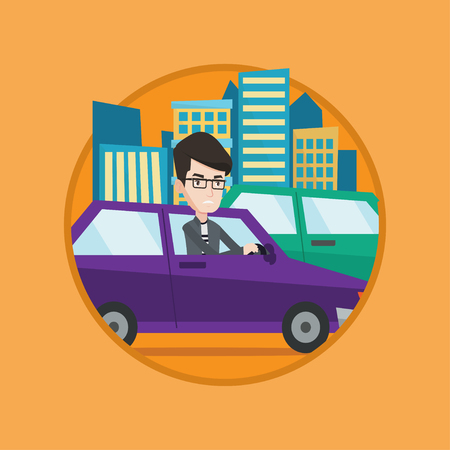 Angry caucasian man stuck in a traffic jam. Irritated man driving a car in a traffic jam. Agressive driver honking. Vector flat design illustration in the circle isolated on background.のイラスト素材