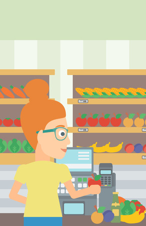 A cashier at supermarket counter with vegetables and fruits on the background of supermarket shelves with products vector flat design illustration. Vertical layout.のイラスト素材