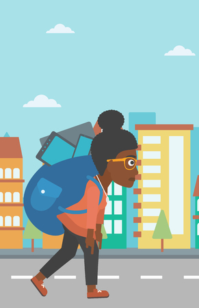 An african-american woman walking with a big backpack full of different devices on a city background vector flat design illustration. Vertical layout.のイラスト素材