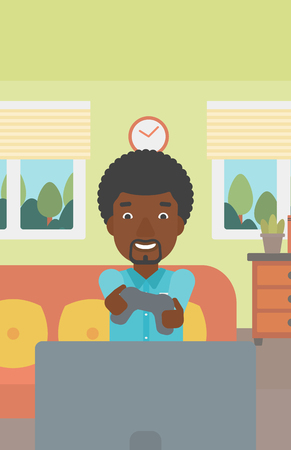 An enthusiastic african-american man sitting on a sofa with gamepad in hands in living room vector flat design illustration. Vertical layout.のイラスト素材