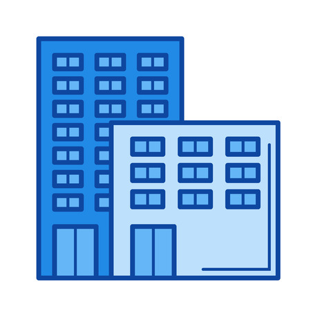 Office building vector line icon isolated on white background. Office building line icon for infographic, website or app. Blue icon designed on a grid system.のイラスト素材