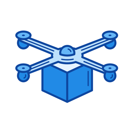 Drone delivery vector line icon isolated on white background. Drone delivery line icon for infographic, website or app. Blue icon designed on a grid system.のイラスト素材