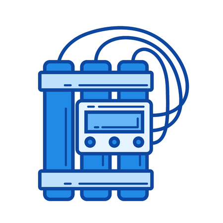 TNT dynamite vector line icon isolated on white background. TNT dynamite line icon for infographic, website or app. Blue icon designed on a grid system.のイラスト素材