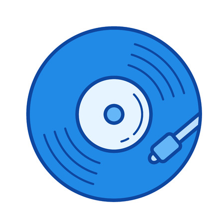 Vinyl turntable vector line icon isolated on white background. Vinyl turntable line icon for infographic, website or app. Blue icon designed on a grid system.のイラスト素材