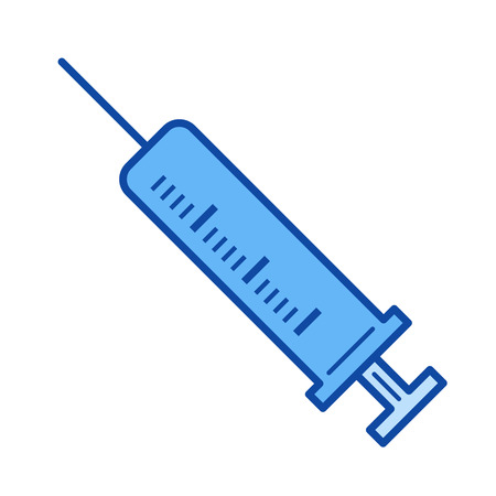 Syringe vector line icon isolated on white background. Syringe line icon for infographic, website or app. Blue icon designed on a grid system.のイラスト素材