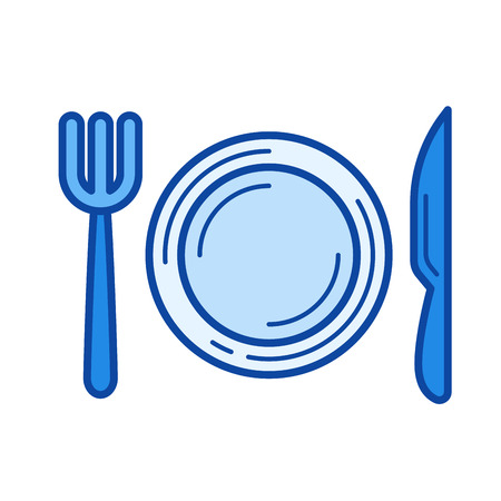 Restaurant vector line icon isolated on white background. Restaurant line icon for infographic, website or app. Blue icon designed on a grid system.のイラスト素材