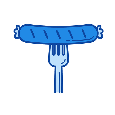 Grilled sausage vector line icon isolated on white background. Grilled sausage line icon for infographic, website or app. Blue icon designed on a grid system.のイラスト素材