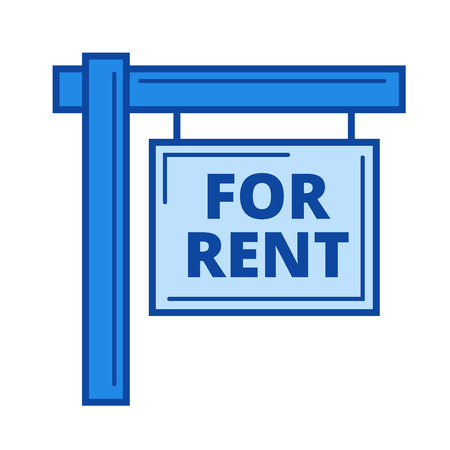 For rent sign vector line icon isolated on white background. For rent sign line icon for infographic, website or app. Blue icon designed on a grid system.のイラスト素材