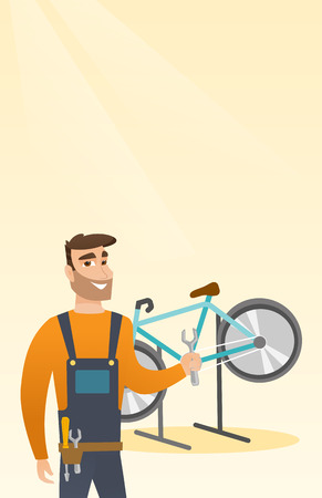 Caucasian bicycle mechanic showing spanner on the background of broken bicycle. Happy technician fixing bicycle in repair shop. Mechanic repairing bicycle. Vector cartoon illustration. Vertical layoutのイラスト素材