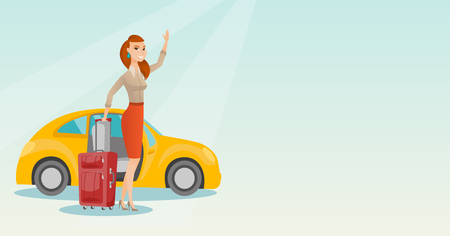 Caucasian woman with suitcase standing on the background of car with open door. Young woman waving in front of car. Happy woman going on vacation by car. Vector cartoon illustration. Horizontal layoutのイラスト素材