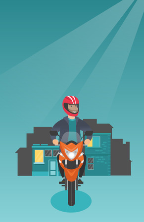 Young caucasian man in helmet riding a motorcycle on the background of night city. Happy hipster motorcyclist driving a motorbike on a city road at night. Vector cartoon illustration. Vertical layout.のイラスト素材