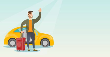 Caucasian man with suitcase standing on the background of car with open door. Young man waving in front of car. Cheerful man going on vacation by car. Vector cartoon illustration. Horizontal layout.のイラスト素材