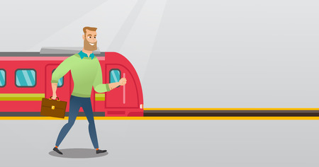Young caucasian businessman walking on railway station platform on the background of train. Hipster businessman with briefcase going out of the train. Vector cartoon illustration. Horizontal layout.のイラスト素材