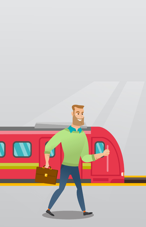 Young caucasian businessman walking on railway station platform on the background of train. Hipster businessman with briefcase going out of the train. Vector cartoon illustration. Vertical layout.のイラスト素材