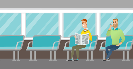 Caucasian people traveling by public transport. Man using mobile phone while traveling by public transport. Man reading newspaper in public transport. Vector cartoon illustration. Horizontal layout.のイラスト素材