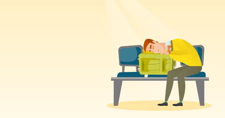 Tired caucasian passenger sleeping on suitcase at the airport. Young exhausted man waiting for a flight and sleeping on a suitcase at the airport. Vector cartoon illustration. Horizontal layout.のイラスト素材
