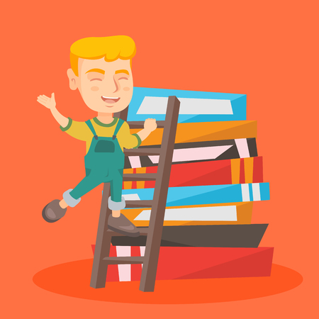 Little caucasian boy climbing up a ladder on the pile of books. Boy climbing up the stack of books. Concept of education and knowledge growth concept. Vector sketch cartoon illustration. Square layoutのイラスト素材