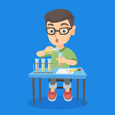 Little caucasian kid carrying out laboratory experiment. Surprised kid working with laboratory equipment with chemical liquid and taking some notes. Vector sketch cartoon illustration. Square layout.のイラスト素材
