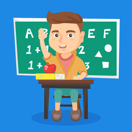 Cheerful schoolboy raising hand while sitting at the desk in school classroom. Happy young schoolboy with raised hand ready to answer a question. Vector sketch cartoon illustration. Square layout.のイラスト素材