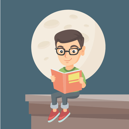 Caucasian boy in glasses sitting on the roof of the house with a book.のイラスト素材