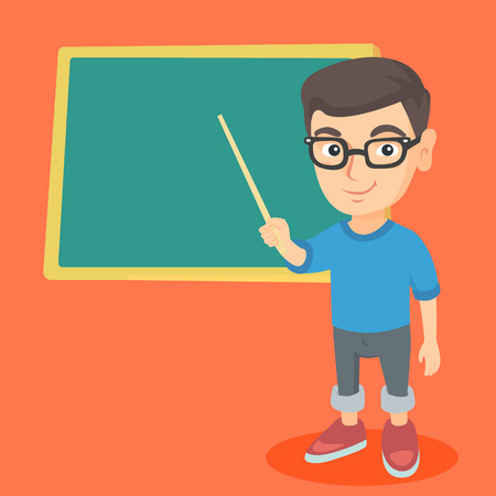Caucasian student standing in front of blackboard with a pointer. Young student holding a pointer. Student pointing at the blackboard with a pointer. Vector sketch cartoon illustration. Square layout.のイラスト素材