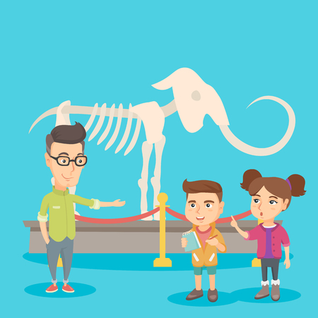 Caucasian kids studying the skeleton of mammoth at the excursion in the archeology museum with a teacher. Children having a field trip at the museum. Vector sketch cartoon illustration. Square layout.のイラスト素材