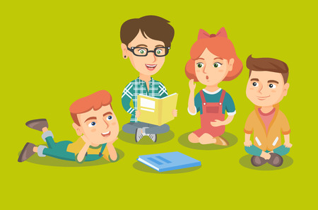 Caucasian teacher sitting on the floor with children and reading a book in the kindergarten. Group of children listening to a teacher reading a book. Vector sketch cartoon illustration. Square layout.のイラスト素材