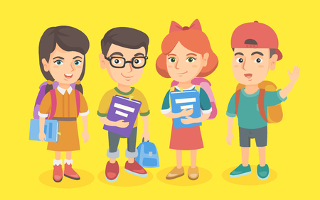 Group of caucasian elementary school students with backpacks and books. Cheerful kids going to school. Concept of education, friendship, childhood. Vector sketch cartoon illustration. Square layout.のイラスト素材