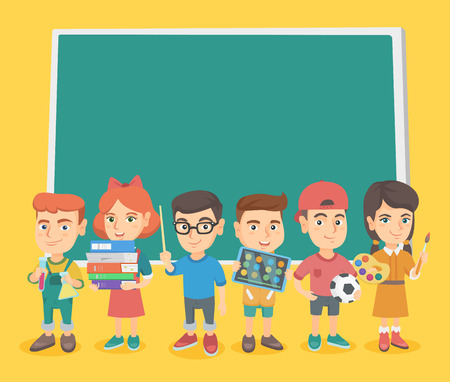 Little caucasian classmates standing near the blackboard and holding book, pointer, flask, gouache, brush, digital tablet and football ball in hands. Vector sketch cartoon illustration. Square layout.のイラスト素材