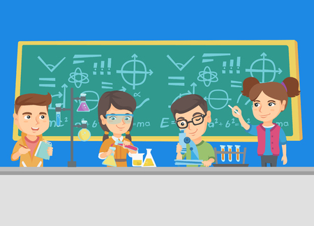 Kids conducting chemistry experiment and making notesのイラスト素材