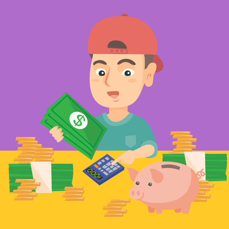 Little caucasian boy sitting at the table with money, calculator and piggy bank. Boy using calculator to count money.のイラスト素材