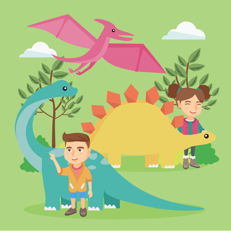 Caucasian preschool kids playing with dinosaurs outdoor. Little boy and girl learning about dinosaurs in the park. Cheerful children stroking dinosaurs. Vector cartoon illustration. Square layout.のイラスト素材