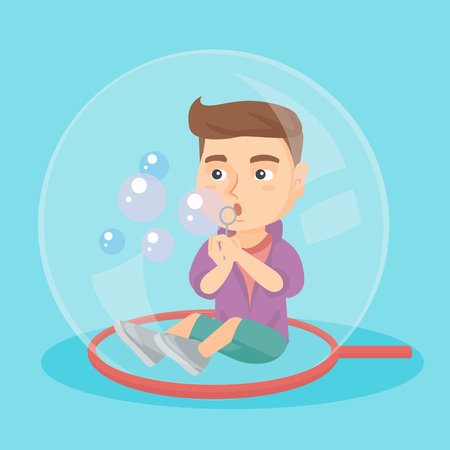 Little caucasian boy sitting on the floor inside a big soap bubble and blowing bubbles. Boy playing with soap bubbles while sitting inside soap bubble. Vector cartoon illustration. Square layout.のイラスト素材