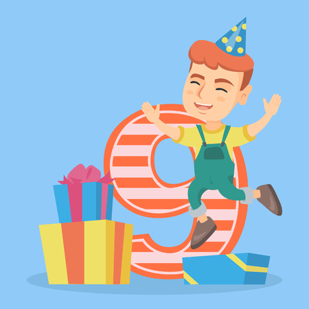 Little caucasian boy jumping next to the number nine and gift boxes at birthday party. Nine year old boy wearing party hat and celebrating ninth birthday. Vector cartoon illustration. Square layoutのイラスト素材