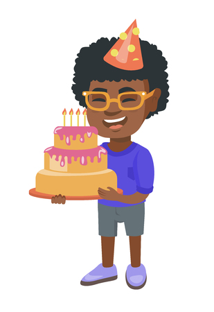 Little happy african child in cap holding a birthday cake with candles. Cheerful laughing boy celebrating his birthday with a cake. Vector sketch cartoon illustration isolated on white background.のイラスト素材