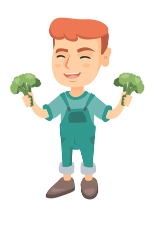 Little caucasian boy laughing and holding broccoli. Full length of smiling boy with broccoli in hands. Concept of healthy nutrition. Vector sketch cartoon illustration isolated on white background.のイラスト素材