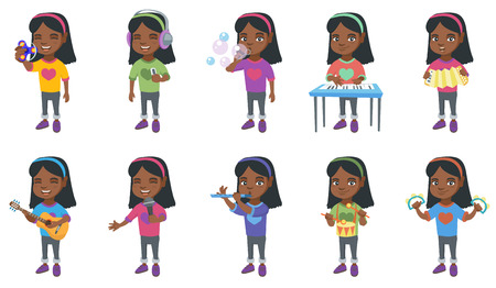 Little african-american girl set. Girl blowing soap bubbles, playing the piano, accordion, acoustic guitar, flute, drum, tambourine. Set of vector cartoon illustrations isolated on white background.のイラスト素材