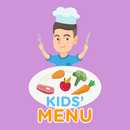Little caucasian boy with a plate full of healthy food from kids menu. Boy in chef hat with a knife and a fork ready to eat organic food from kids menu. Vector cartoon illustration. Square layout.のイラスト素材