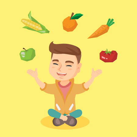 Caucasian boy juggling vegetables and fruit over his head. Boy sitting on the floor with vegetables and fruit over his head. Healthy nutrition concept. Vector cartoon illustration. Square layout.のイラスト素材