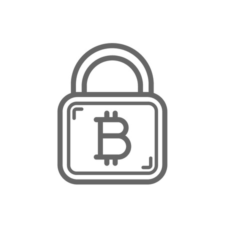 Bitcoin security sign on the lock - line icon. Cryptocurrency bitcoin trust and security concept. Linear vector icon isolated on white transparent background.のイラスト素材