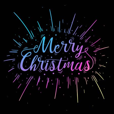 Hand lettered multicolored Merry Christmas text with burst for poster, banner and holiday greeting card. Merry Christmas and holiday concept. Vector hand drawn cartoon illustration on black backgroundのイラスト素材