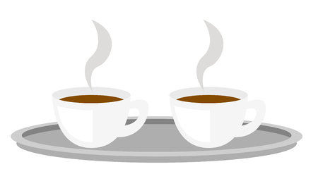 Two white coffee cups with steam on tray vector cartoon illustration isolated on white background.のイラスト素材
