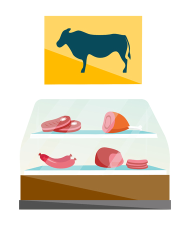 Showcase with red meat products in butcher shop vector cartoon illustration isolated on white background.のイラスト素材