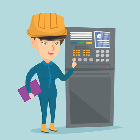 Caucasian industrial engineer in hard hat working on control panel in the control room. Industrial engineer with clipboard pressing button on control panel. Vector cartoon illustration. Square layout.のイラスト素材