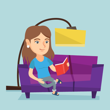 Caucasian woman relaxing and reading book on the couch.のイラスト素材