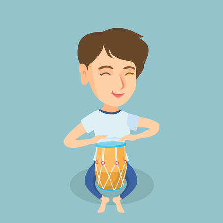 Young caucasian woman with closed eyes playing the ethnic drum. Musician sitting on the floor with an ethnic drum. Woman playing ethnic music on tom-tom. Vector cartoon illustration. Square layout.のイラスト素材