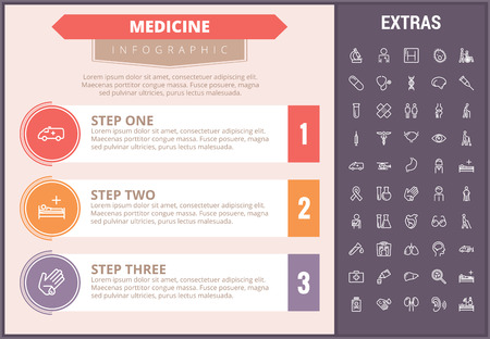 Medicine infographic timeline template, elements and icons. Infograph includes step number options, line icon set with medical stethoscope, disable person, hospital doctor, nurse, first aid kit etc.のイラスト素材