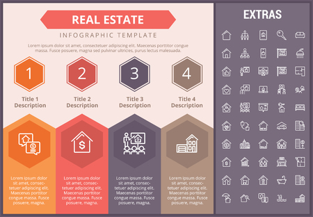 Real estate infographic timeline template, elements and icons. Infograph includes numbered options, line icon set with real estate agent, architecture engineering, investment brokerのイラスト素材